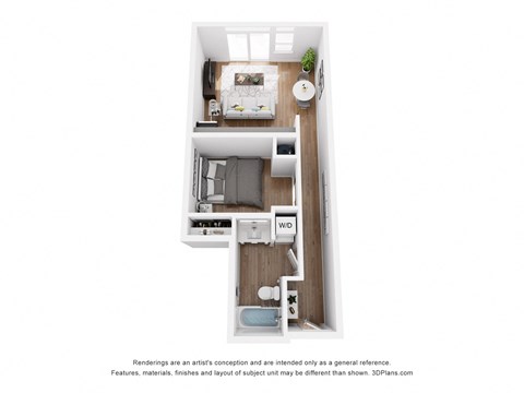 Floor plan for 1 bed, 1 bath, 553 sqft
